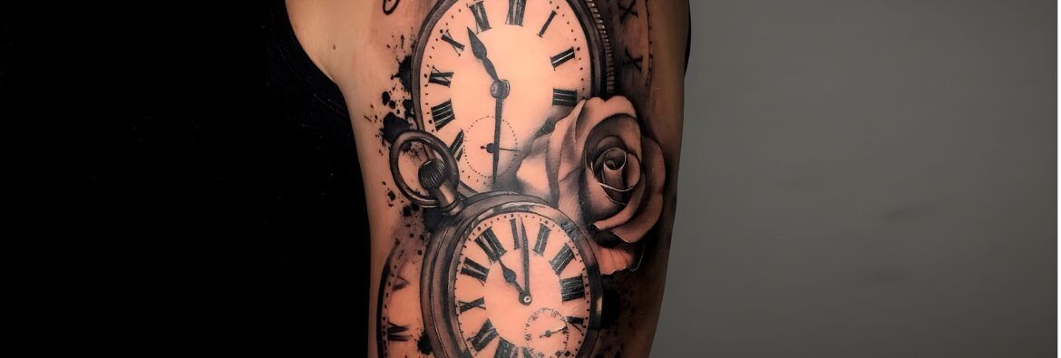 Tatuaje relojes, rosa y nombres realizado por Aitor Murga en Ink for All Tattoo