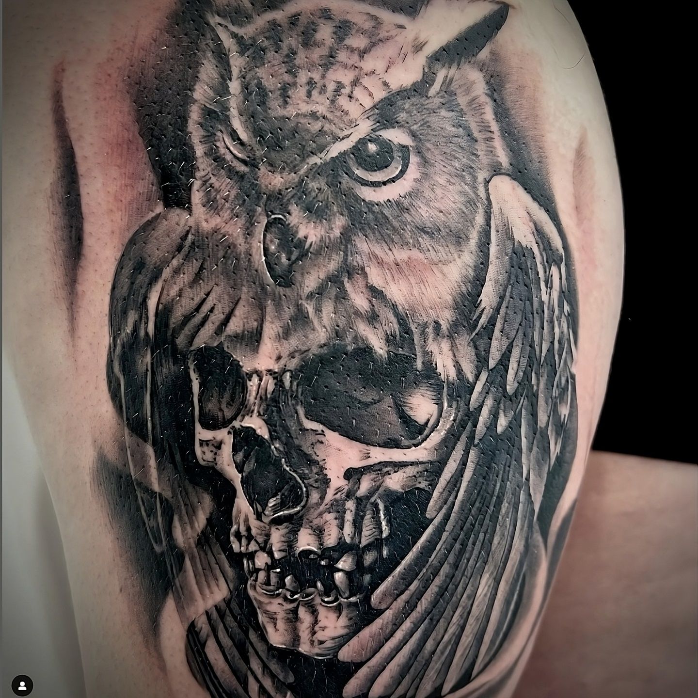 Tatuaje calavera con buho realizado por Aitor Murga en Ink for All Tattoo