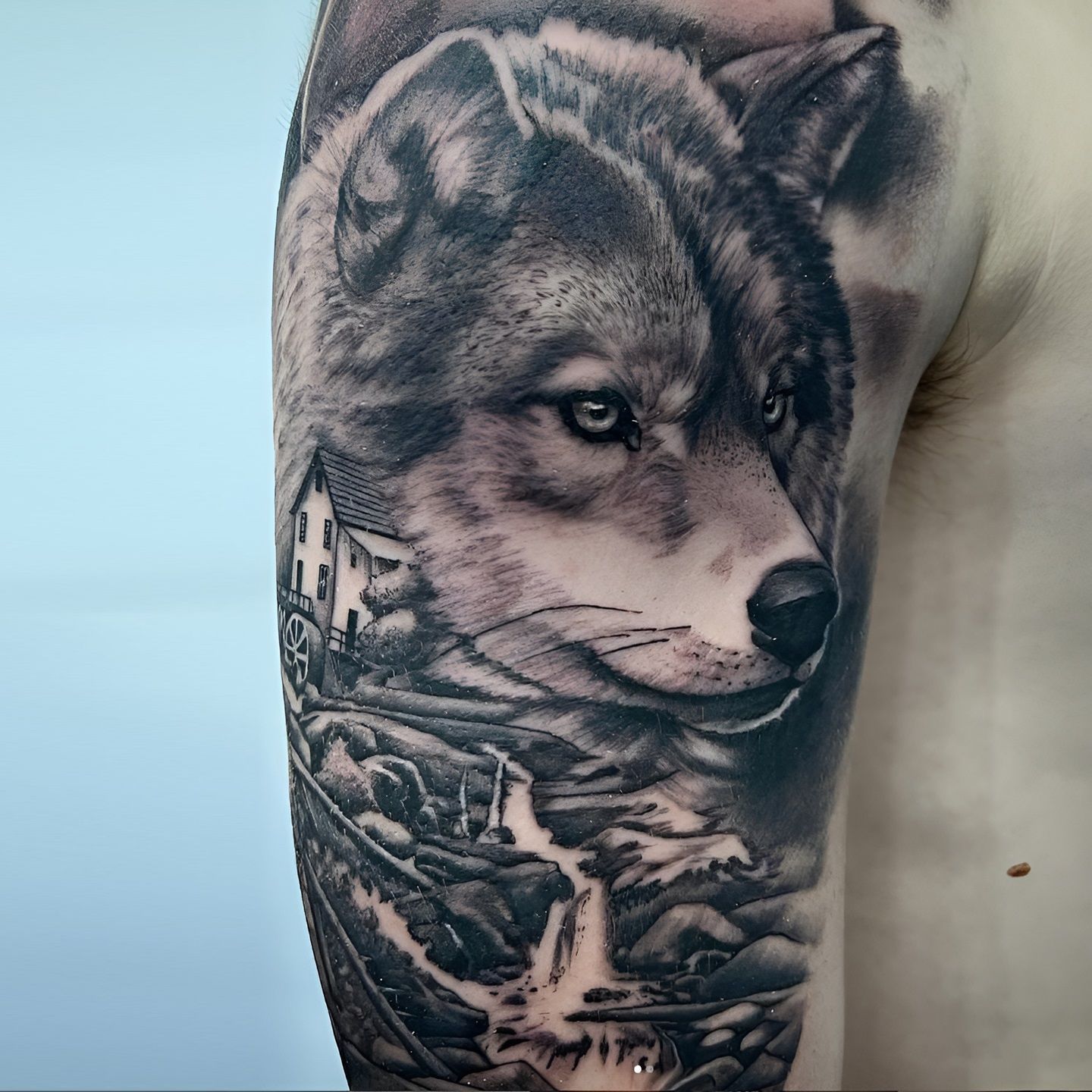 Tattoo de perro y montaña realizado por Aitor Murga en Ink for All