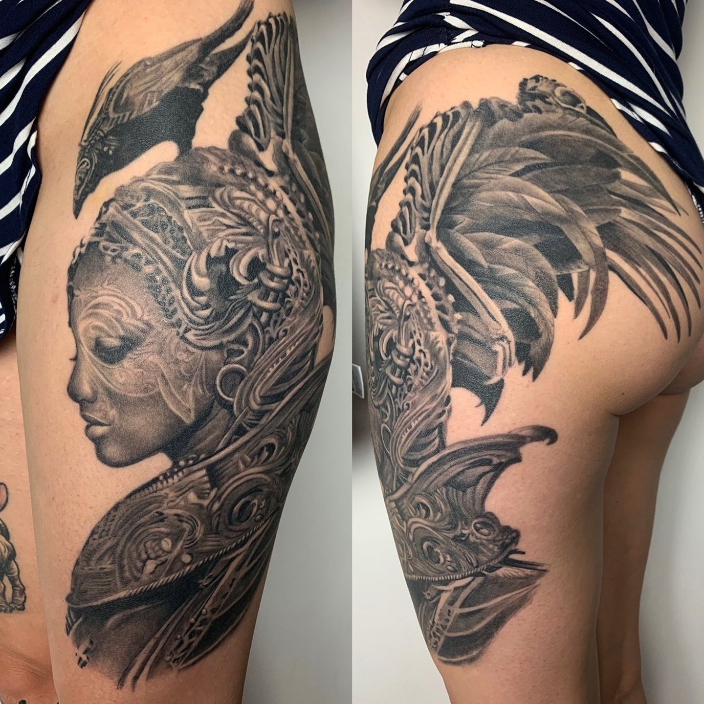 Tatuaje realista de mujer guerrera con tocado realizado por Aitor Murga en Ink for All