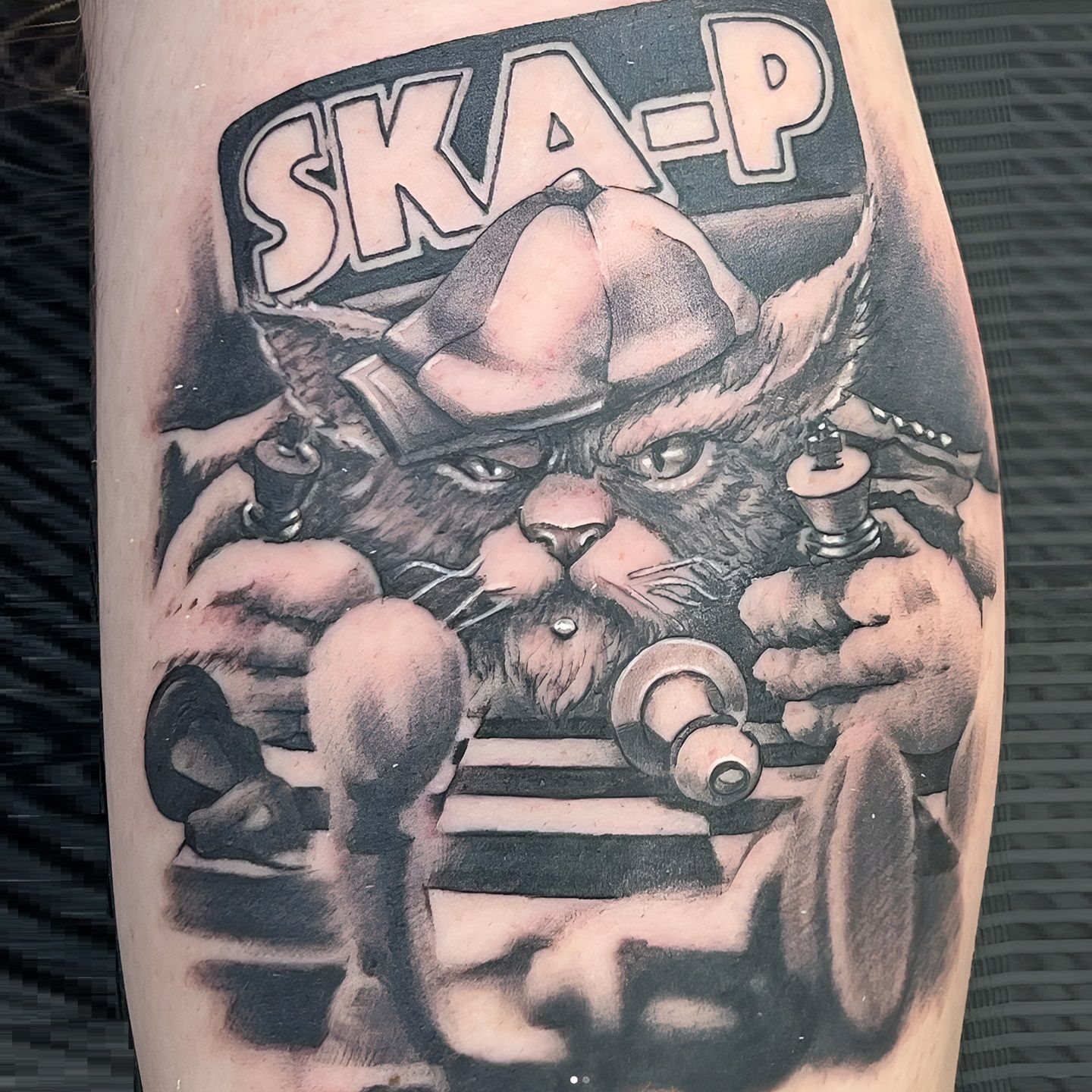Tatuaje realista del gato lópez, mascota de SKA-P realizado por Aitor Murga en Ink for All